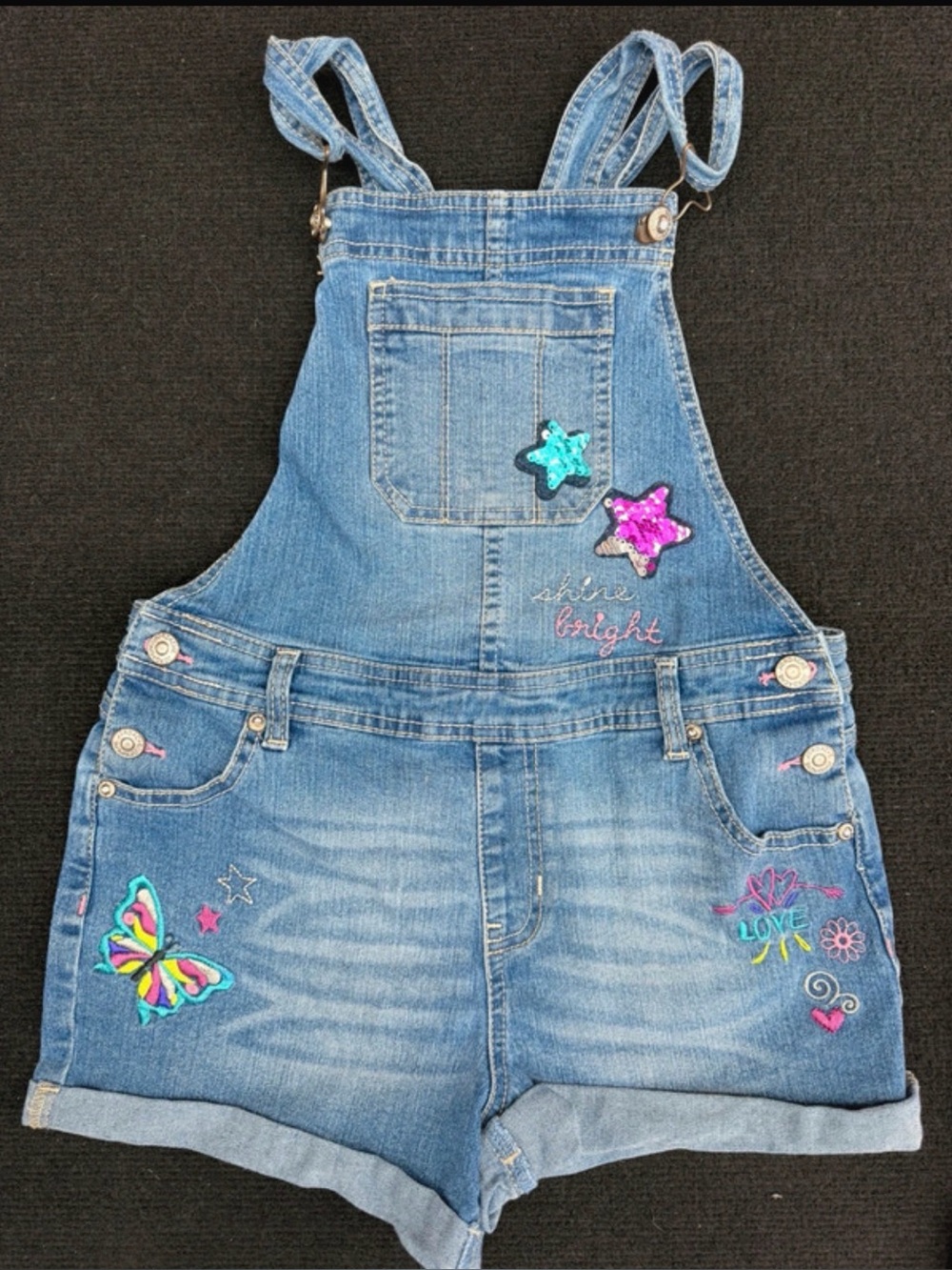 Girls Blue Denim Short Overalls with Embroidered Stars & Butterfly Accents